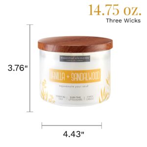 Essential Elements by Candle-lite Scented Candles, Vanilla & Sandalwood Fragrance, One 14.75 oz. Three-Wick Aromatherapy Candle with 45 Hours of Burn Time, Off-White Color