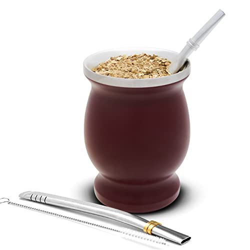 BALIBETOV Mate Cup And Bombilla Set - Yerba Mate set Includes One Yerba Mate Cup, Two Bombilla Mate (Straw) and Brush - Stainless Steel Double-Wall | Easy to Clean Yerba Mate Gourd (Bordeaux)