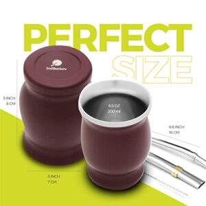 BALIBETOV Mate Cup And Bombilla Set - Yerba Mate set Includes One Yerba Mate Cup, Two Bombilla Mate (Straw) and Brush - Stainless Steel Double-Wall | Easy to Clean Yerba Mate Gourd (Bordeaux)