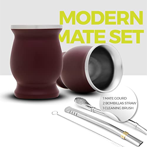 BALIBETOV Mate Cup And Bombilla Set - Yerba Mate set Includes One Yerba Mate Cup, Two Bombilla Mate (Straw) and Brush - Stainless Steel Double-Wall | Easy to Clean Yerba Mate Gourd (Bordeaux)