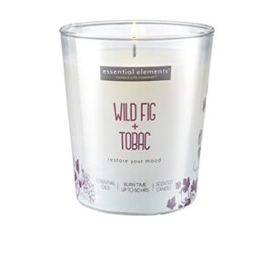 essential elements by candle-lite scented candles wild fig & tobac fragrance, one 9 oz. single-wick aromatherapy candle with 50 hours of burn time, off-white color