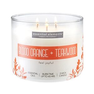 essential elements by candle-lite scented candles, blood orange & teakwood fragrance, one 14.75 oz. three-wick aromatherapy candle with 45 hours of burn time, off-white color
