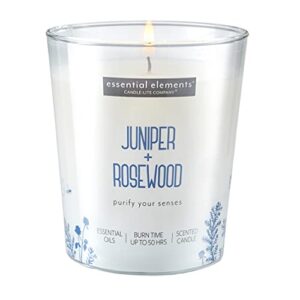essential elements by candle-lite scented candles juniper & rosewood fragrance, one 9 oz. single-wick aromatherapy candle with 50 hours of burn time, off-white color