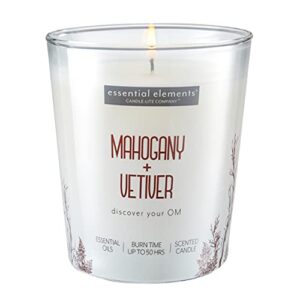 essential elements by candle-lite scented candles, mahogany & vetiver fragrance, one 9 oz. single-wick aromatherapy candle with 50 hours of burn time, off-white color