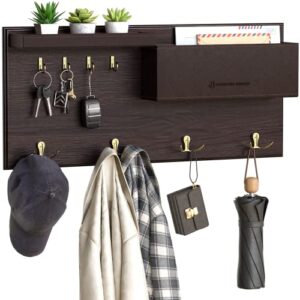 jackcubedesign entryway coat rack wall mount key holder mail envelope hook organizer clothes hat hanger with faux brown leather shelf and tray(solid wood, 20.5 x 9.1 x 3.4 inches) – :mk362b