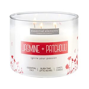 essential elements by candle-lite scented candles, jasmine & patchouli fragrance, one 14.75 oz. three-wick aromatherapy candle with 45 hours of burn time, off-white color