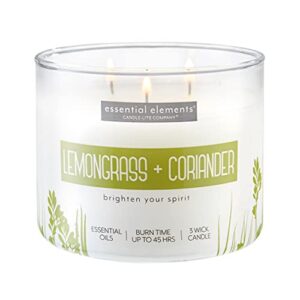 essential elements by candle-lite scented candles, lemongrass & coriander fragrance, one 14.75 oz. three-wick aromatherapy candle with 45 hours of burn time, off-white color