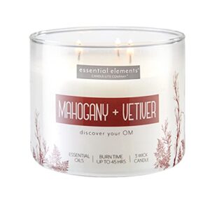 essential elements by candle-lite scented candles, mahogany & vetiver leaf fragrance, one 14.75 oz. three-wick aromatherapy candle with 45 hours of burn time, off-white color