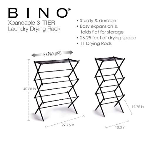 BINO 3-Tier Collapsible Drying Racks | Black | Laundry Foldable Rack | Air Drying & Hanging | Foldable Portable Indoor & Outdoor | Space Saving Clothes Dryer Stand