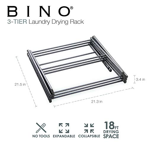 BINO 3-Tier Collapsible Drying Racks | Silver | Air Drying & Hanging | Foldable Portable Indoor & Outdoor | Space Saving Clothes Dryer Stand | Home Dorm Apartment Essentials