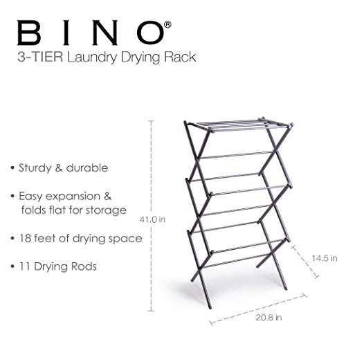 BINO 3-Tier Collapsible Drying Racks | Silver | Air Drying & Hanging | Foldable Portable Indoor & Outdoor | Space Saving Clothes Dryer Stand | Home Dorm Apartment Essentials