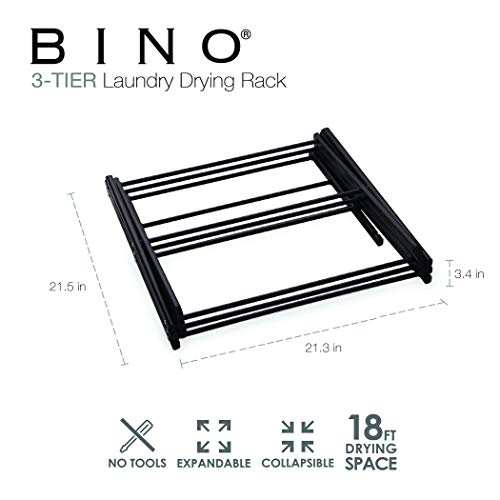 BINO 3-Tier Collapsible Drying Racks | Black | Air Drying & Hanging | Foldable Portable Indoor & Outdoor | Space Saving Clothes Dryer Stand | Home Dorm Apartment Essentials