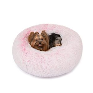 friends forever coco donut dog bed, soft faux fur cat couch for indoor pet, fluffy calming plush shag, round raised rim bolster cushion, machine washable cuddler, self warming, 23x23, pink