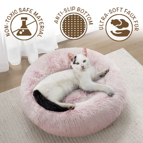 Friends Forever Coco Donut Dog Bed, Soft Faux Fur Cat Couch For Indoor Pet, Fluffy Calming Plush Shag, Round Raised Rim Bolster Cushion, Machine Washable Cuddler, Self Warming, 23x23, Pink