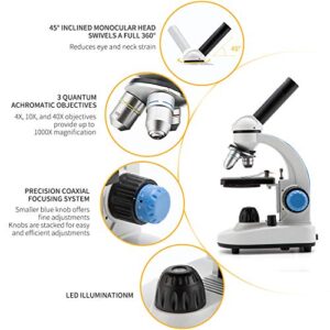 National Optical 40X-1000X Compound Microscope Set with Slides for Students and Kids Biology Cordless Beginner Microscope All Metal