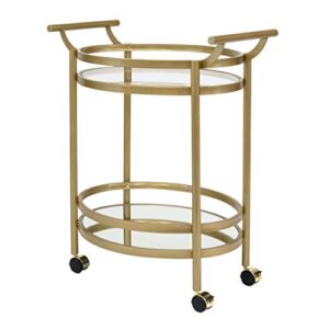 studio designs home palazzo modern 2-tier oval metal rolling bar, serving, utility mobile cart with handles and spill guard in gold/clear glass and mirror, 27" w x 17.5" d x 33.25" h,