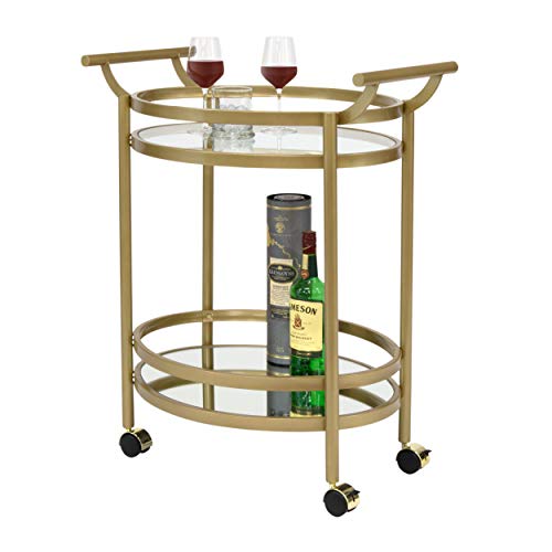 Studio Designs Home Palazzo Modern 2-Tier Oval Metal Rolling Bar, Serving, Utility Mobile Cart with Handles and Spill Guard in Gold/Clear Glass and Mirror, 27" W x 17.5" D x 33.25" H,