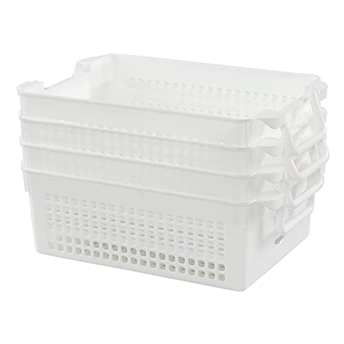 Saedy 4 Packs Plastic Baskets with Handle, Stackable Basket Organizer Bin, White