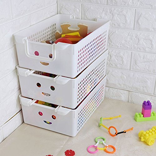 Saedy 4 Packs Plastic Baskets with Handle, Stackable Basket Organizer Bin, White