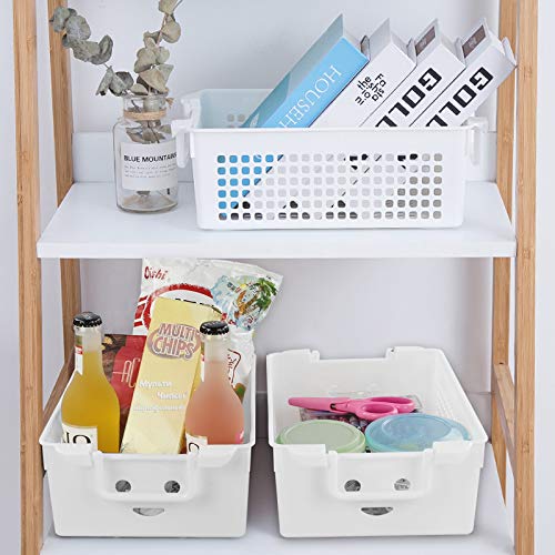 Saedy 4 Packs Plastic Baskets with Handle, Stackable Basket Organizer Bin, White