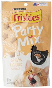 friskies party mix cat treats, crunch, gravy-licious chicken and gravy flavors, 2.1 oz pouch