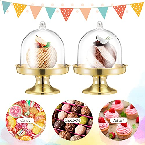 Healeved 12pcs Mini Cake Stand Chocolate Cupcake Candy Display Plate with Lid for Birthday Wedding Party Supplies - 8 x 6 x 6cm (Golden Base)