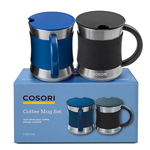 COSORI Coffee Mug with Lids Set of 2, Stainless Steel Cups with Heat-resistant Handle & Slip-resistant Sleeve, 17 oz, Best Match w/Mug Warmer, for Coffee,Tea,Water,Cocoa, Milk, C1601-CM, Black & Blue