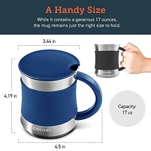 COSORI Coffee Mug with Lids Set of 2, Stainless Steel Cups with Heat-resistant Handle & Slip-resistant Sleeve, 17 oz, Best Match w/Mug Warmer, for Coffee,Tea,Water,Cocoa, Milk, C1601-CM, Black & Blue