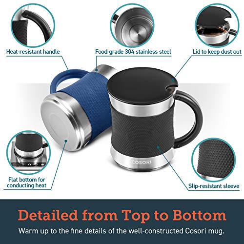 COSORI Coffee Mug with Lids Set of 2, Stainless Steel Cups with Heat-resistant Handle & Slip-resistant Sleeve, 17 oz, Best Match w/Mug Warmer, for Coffee,Tea,Water,Cocoa, Milk, C1601-CM, Black & Blue