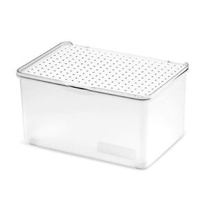 madesmart medium stacking lid storage bin for bathroom organization, plastic bathroom storage bin with dry-erase space, frost