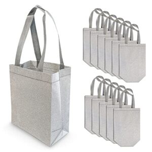 silver gift bags - 12 pack small silver reusable gift bag tote with handles, glitter metallic bling shimmer, eco friendly for kids birthdays, bridesmaids, party favors, grocery shopping - 6x3x8