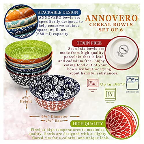 Annovero Cereal Bowls - Set of 6 Dinnerware for Ice Cream, Fruit, Ramen, Cereal, Soup, Colorful Stoneware Dishes for Kitchen, Microwave and Oven Safe, 6.25 Inch Diameter