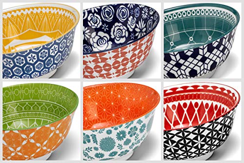 Annovero Cereal Bowls - Set of 6 Dinnerware for Ice Cream, Fruit, Ramen, Cereal, Soup, Colorful Stoneware Dishes for Kitchen, Microwave and Oven Safe, 6.25 Inch Diameter