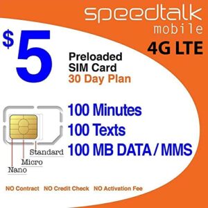 speedtalk mobile $5 prepaid wireless pay go plan for smartphones & cellphones | 5g 4g lte | 100 talk, 100 text, 100 mb data |triple cut (mini,micro,nano) sim card | no contract | 30 day service