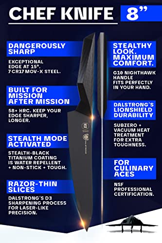 Dalstrong Shadow Black Series Black Titanium Nitride Coated High Carbon 7CR17MOV-X Vacuum Treated Steel Chef Kitchen Knife, 8 Inches, Sheath Included