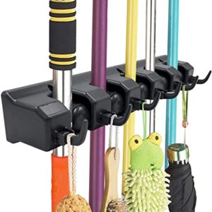 IMILLET Mop and Broom Holder, Wall Mounted Organizer-Mop and Broom Storage Tool Rack with 5 Ball Slots and 6 Hooks (Black) (One Pack)