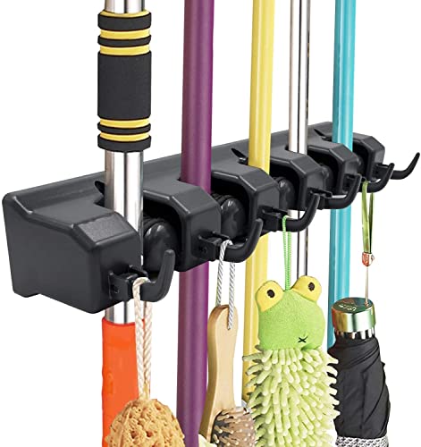 IMILLET Mop and Broom Holder, Wall Mounted Organizer-Mop and Broom Storage Tool Rack with 5 Ball Slots and 6 Hooks (Black) (One Pack)