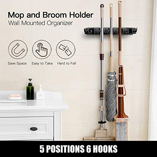 IMILLET Mop and Broom Holder, Wall Mounted Organizer-Mop and Broom Storage Tool Rack with 5 Ball Slots and 6 Hooks (Black) (One Pack)