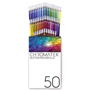 glitter pen refills by chromatek. 50 refills. super glittery ultra vivid colors. no repeats. professional art pen refills. new & improved