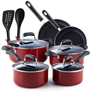 cook n home 2601 stay cool handle pattern 12-piece nonstick cookware set, marble red