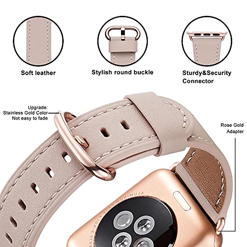 WFEAGL Compatible with Apple Watch Band 38mm 40mm 41mm Women, Top Genuine Leather Band for iWatch SE & Series 8 7 6 5 4 3 2 1 (Pink Sand+Rosegold)