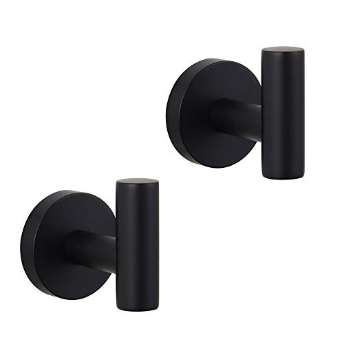 GERZWY Bathroom Matte Black Coat Hook SUS 304 Stainless Steel Single Towel/Robe Clothes Hook for Bath Kitchen Contemporary Hotel Style Wall Mounted 2 Pack AG1107B-BK