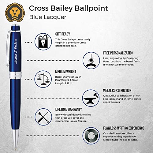 Dayspring Pens Personalized Cross Pen | Engraved Cross Bailey Blue Lacquer Ballpoint Gift Pen - Chrome Trim AT0452-12. Custom Engraving Included.