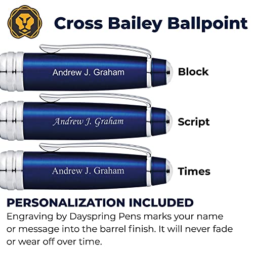 Dayspring Pens Personalized Cross Pen | Engraved Cross Bailey Blue Lacquer Ballpoint Gift Pen - Chrome Trim AT0452-12. Custom Engraving Included.