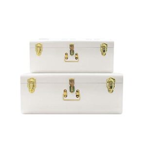 zanzer white trunks set of 2 - vintage style storage w/gold finish handles & locks - space saving organizer home dorm & office use