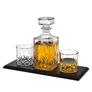 whiskey decanter and glasses barware set, for liquor scotch bourbon wine or vodka - includes 2 whisky glasses on wooden display tray clear