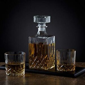 Whiskey Decanter and Glasses Barware Set, for Liquor Scotch Bourbon Wine or Vodka - Includes 2 Whisky Glasses on Wooden Display Tray Clear