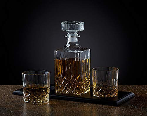 Whiskey Decanter and Glasses Barware Set, for Liquor Scotch Bourbon Wine or Vodka - Includes 2 Whisky Glasses on Wooden Display Tray Clear