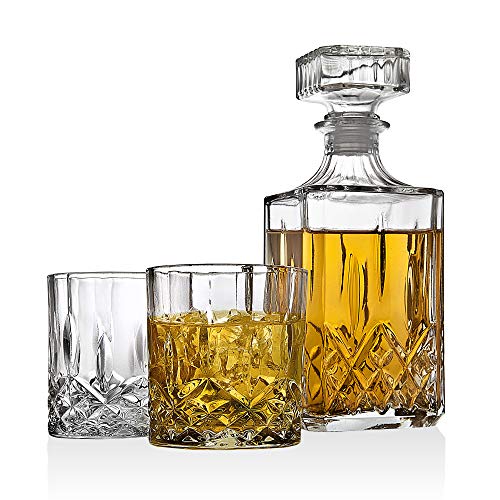 Whiskey Decanter and Glasses Barware Set, for Liquor Scotch Bourbon Wine or Vodka - Includes 2 Whisky Glasses on Wooden Display Tray Clear