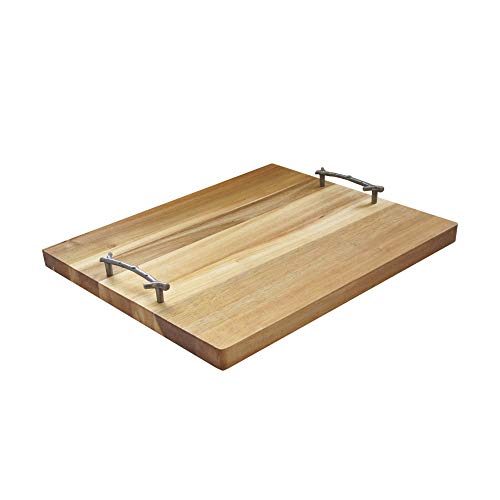 American Atelier Rectangle Wooden Tray - Natural Finish Metal Twig Designed Handles Coffee Tea Dinner Party - Great Centerpiece & Gift Idea , 16.5"x13.78"